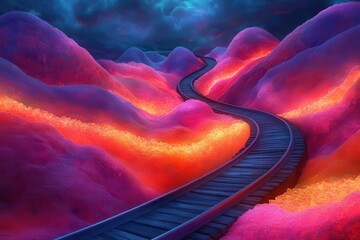 thrilling roller coaster ride through vivid surreal landscape twisting tracks and vibrant colors create sense of exhilaration and fantasy