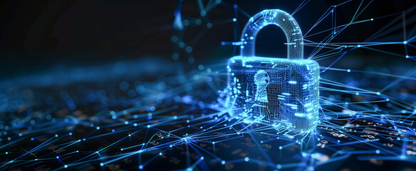 Holographic padlock symbolizing digital security and data protection