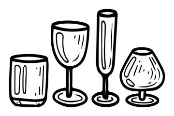 Wine glass set hand drawn doodle. Glass glass for champagne, cognac, whiskey. Drinkware alcoholic cocktails. Festive tableware. Kitchenware. Dining table setting. Vector sketch line art illustration.