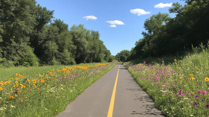 Serene Pathway Through Vibrant Wildflowers: A Scenic Journey Amidst Nature's Beauty on a Sunlit Trail
