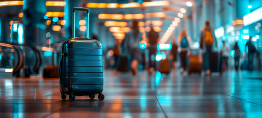 Naklejka premium Black suitcase in airport terminal with people in the background