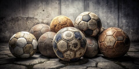 Fototapeta premium Vintage soccer balls gather in a rustic setting.