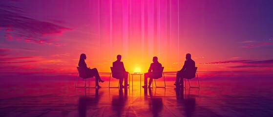 Fototapeta premium A flat vector illustration with a gradient background, people sitting on chairs and talking to each other, using a color palette of purple, pink, and orange.The style is vector art, 2D design, with si