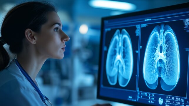 A woman pulmonologist looks at x-ray images of the lungs at a computer. Lung disease, pneumonia, bronchitis medical diagnosis