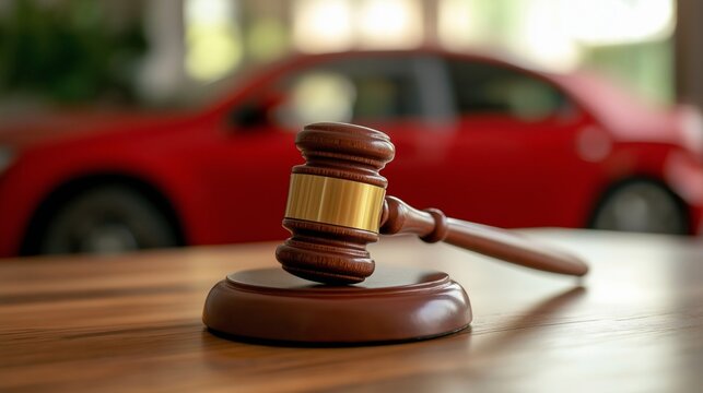 Auction hammer lies on a wooden table, in the background a red car, a lot for sale. Confiscation of property in court