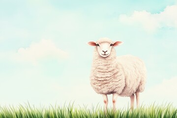 Obraz premium A fluffy white sheep standing in green grass under a blue sky with soft clouds, representing farm life and nature.
