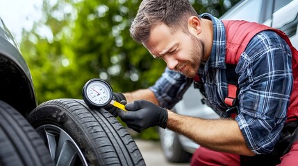 Experienced Mechanic Using a Tire Pressure Gauge to Inflate and Inspect a Car s Tires During Routine Automotive Maintenance Highlighting Safety and Precision in Auto Care Technology