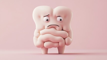 Cartoon illustration of a sad abstract gut with a disease.	