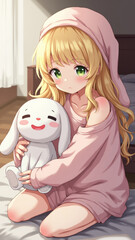 Cute Anime Girl with Plush Bunny in Cozy Pajamas