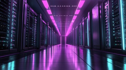 Obraz premium Futuristic data center corridor with glowing servers and vibrant neon lights reflecting on the polished floor.