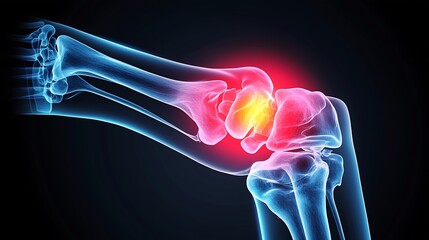 X-ray of elbow joint, pain region marked with a bright yellow glow, realistic bone structure, soft shadows and clear contours, glowing yellow overlay around pain area, blue tint on unaffected bones,