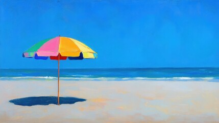 A vibrant, colorful beach umbrella standing tall on a sandy beach, set against a clear blue sky with a hint of the ocean.