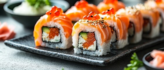 Colorful sushi rolls with salmon and roe served on a black plate in a vibrant dining setting.