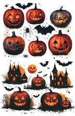 Halloween, Jack o'lantern, Halloween pumpkins with smiling faces and scarecrows, witches castle. Graphic resources for parties or decorations, image on a transparent background