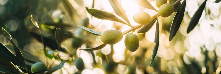 Green olives growing on a tree in the warm sunlight of a Mediterranean orchard during the late afternoon.