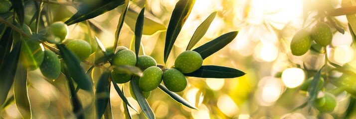 Green olives growing on a tree in the warm sunlight of a Mediterranean orchard during the late afternoon.