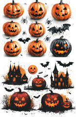 Halloween, Jack o'lantern, Halloween pumpkins with smiling faces and scarecrows, witches castle. Graphic resources for parties or decorations, image on a transparent background