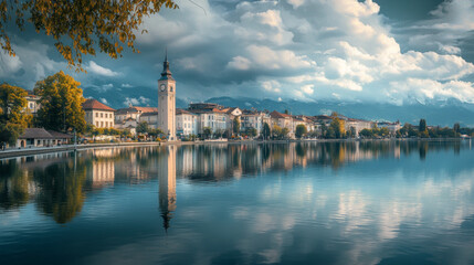 Obraz premium Captivating Reflections of a Tranquil Town by the Lake: Explore the Beauty of Nature and Historic Architecture
