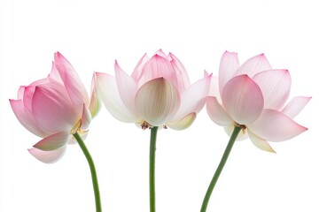 Fototapeta premium A close-up of three pink lotus flowers in different stages of blooming, captured against a white