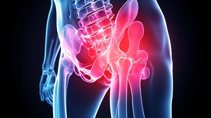 X-ray of hip joint, pain areas highlighted in vivid red glow, realistic hip bone structure, clear contours and transparency, glowing red overlay effect on pain regions, dark background for contrast,