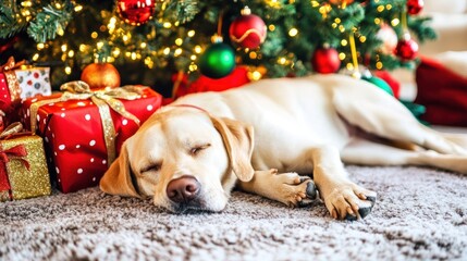 Labrador puppy sleeping beside Christmas tree lights.