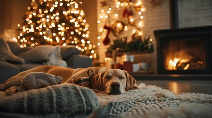Cozy Christmas night with dog by warm fireplace glow.