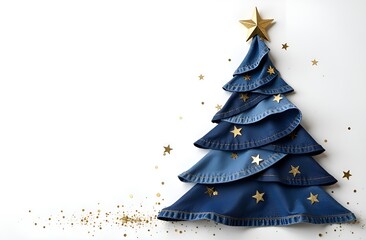 Creative denim Christmas tree on a white background with sequins and a place for text