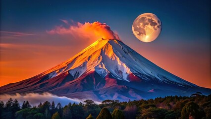 Fototapeta premium Mesmerizing scene of Villarrica volcano illuminated by full moon at sunset