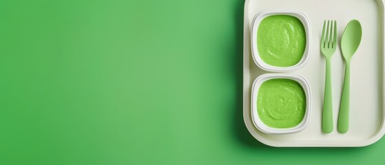 A green food tray with two bowls of green puree and green utensils on a vibrant green background.