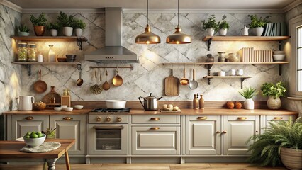 Chic vintage kitchen mockup showcasing a marble countertop complemented by ceramic wall tiles, perfect for creating an elegant interior design. Timeless style meets modern functionality.