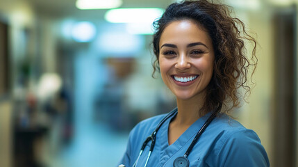 Fototapeta premium Smiling Female Healthcare Professional in Hospital Corridor