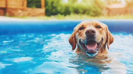 Golden Labrador swimming in a backyard pool, domestic animal, summer fun and play