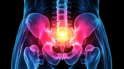 X-ray of lower back vertebrae, pain zone highlighted with vivid yellow gradient, realistic bone outlines, glowing yellow overlay effect on pain area, soft shadow depth for contrast,