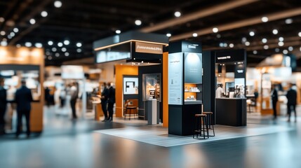 Blurred view of a modern exhibition hall with multiple trade show booths and people interacting