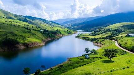 Obraz premium Network of small scale hydroelectric generators installed along a river providing renewable and sustainable electricity to rural communities