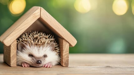 Hedgehog sleeping in a small wooden house, domestic pet, adorable and cozy nest
