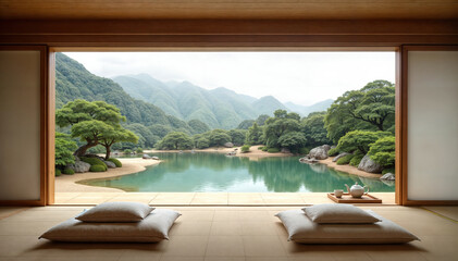 Fototapeta premium Minimalist japanese style room opening onto tranquil lake and forest