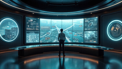 Businessman looking at digital screens showing data visualizations in a futuristic security control room
