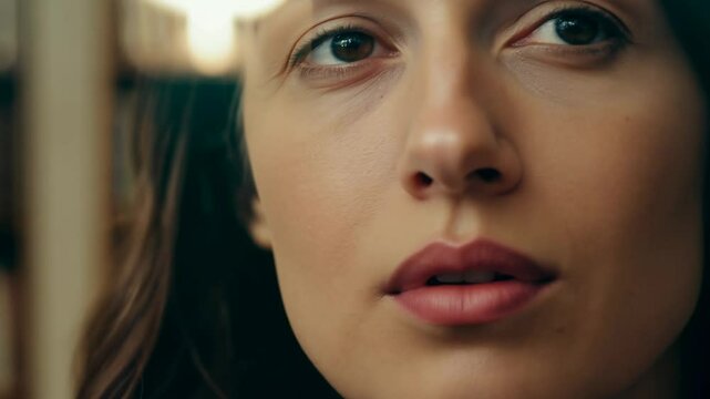 Close-up video of a young woman's face transitioning from doubt to realization. soft light, static video