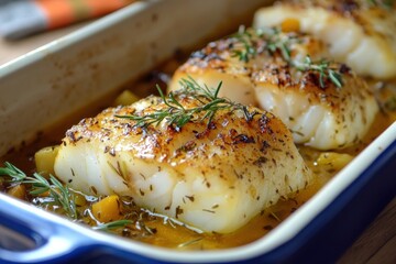 Christmas Fish Dinner. Baked Cod Pieces Served in Epicure Vegetable Sauce on Festive Table