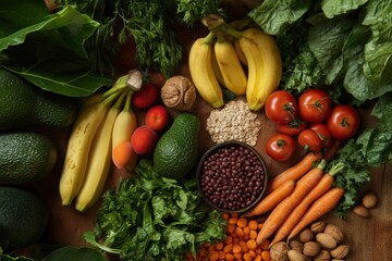 A colorful arrangement of fresh fruits and vegetables, including bananas, peaches