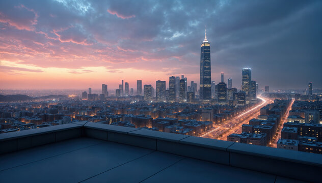 Empty rooftop overlooking cityscape with dramatic sunset sky