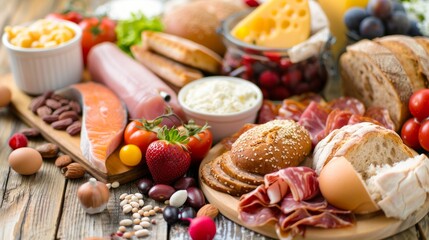 A lavish spread on a wooden table features a variety of food like bread, fruits, eggs, and more, set in an inviting and diverse display, suggesting a communal meal setting.