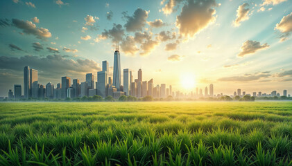 Green grass field with the one world trade center and skyline of manhattan at sunrise