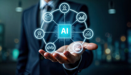 Businessman holding ai chip icon connecting concepts of artificial intelligence