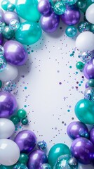 Image shows festive wall decor with teal, white, and purple balloons in a frame-like setup. Likely for a baby shower, vibrant and joyful with confetti, creating a celebratory atmosphere.