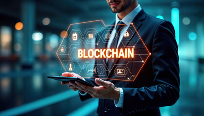 Businessman using tablet and browsing blockchain technology network concept