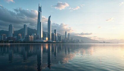Fototapeta premium Shenzhen skyline reflecting on water at sunrise with mountains in background