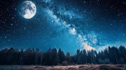 A serene night scene with stars, the Milky Way, and a full moon in a dark blue sky. Tree silhouettes suggest a forest, free of human or artificial light.