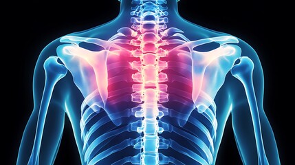 X-ray of shoulder blades, pain zone highlighted with bright blue gradient, realistic bone outlines, glowing blue overlay effect on pain area, soft shadow gradients for depth,